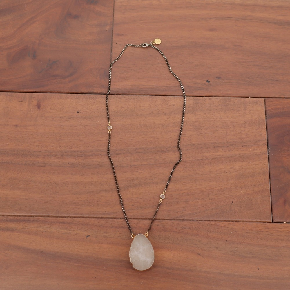 Raw Quartz Teardrop Pendant Necklace Brass Tone Curb Chain Crystal Accents Boho